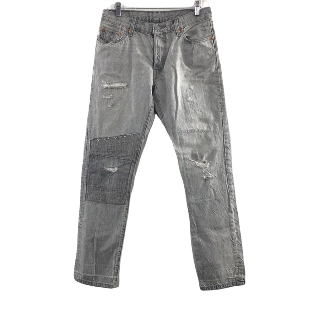 Levi's 501 Straight Leg Jeans Womens 29x32 Gray Patchwork Distressed Denim